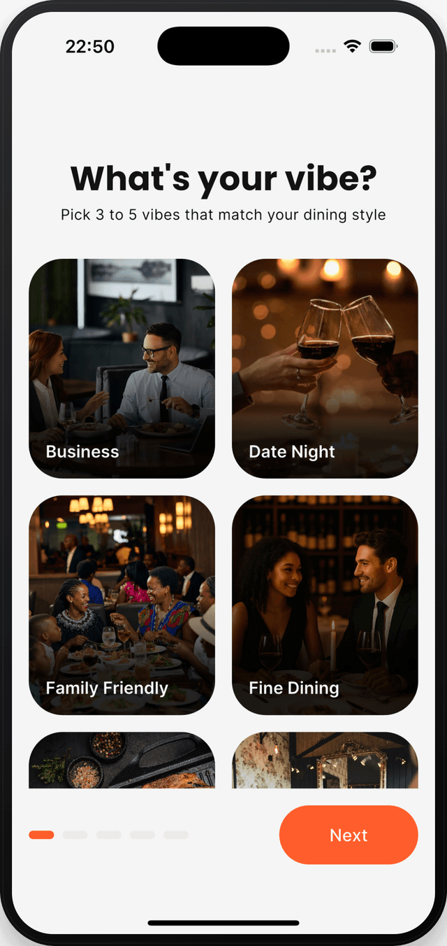 Rezzr vibe selection screen — pick vibes like Date Night and Fine Dining